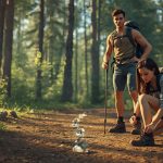 Турист с рюкзаком на горной вершине готовится к многодневному походу